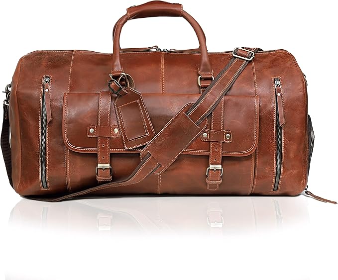 24 Inch Leather Duffle Bags for Men Large Full-Grain Buffalo Leather Overnight Gym Bag, Luggage Weekend Travel Bag for Men & Women, Carry On Airplane Cabin Bag with Shoe Compartment