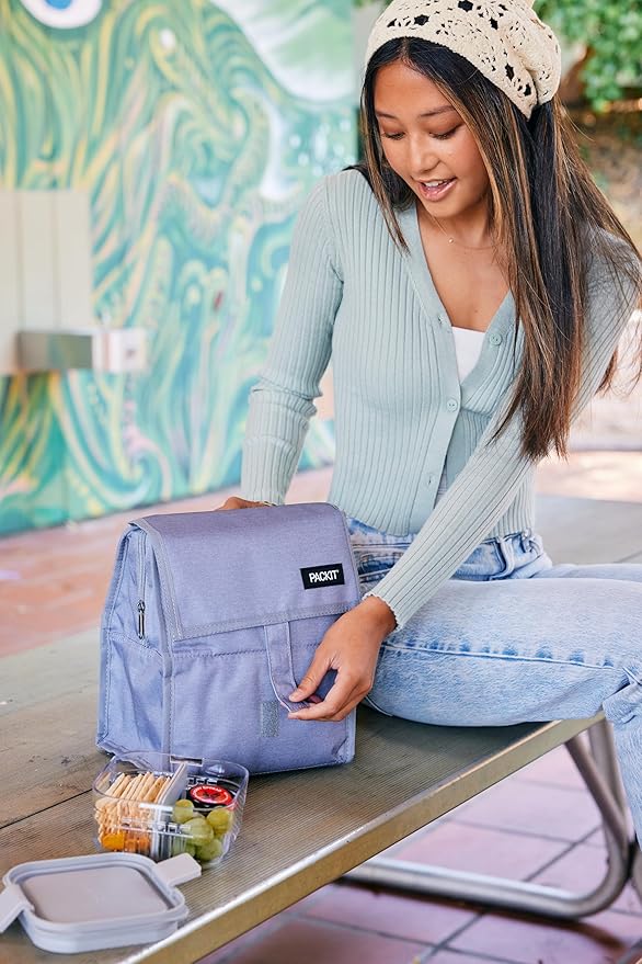 Packit® Freezable Lunch Bag, Gray Fog, Built with ECOFREEZE® Technology, Foldable, Reusable, Zip and Velcro Closure with Buckle Handle, Designed for Work Lunches and Fresh Lunch On the Go
