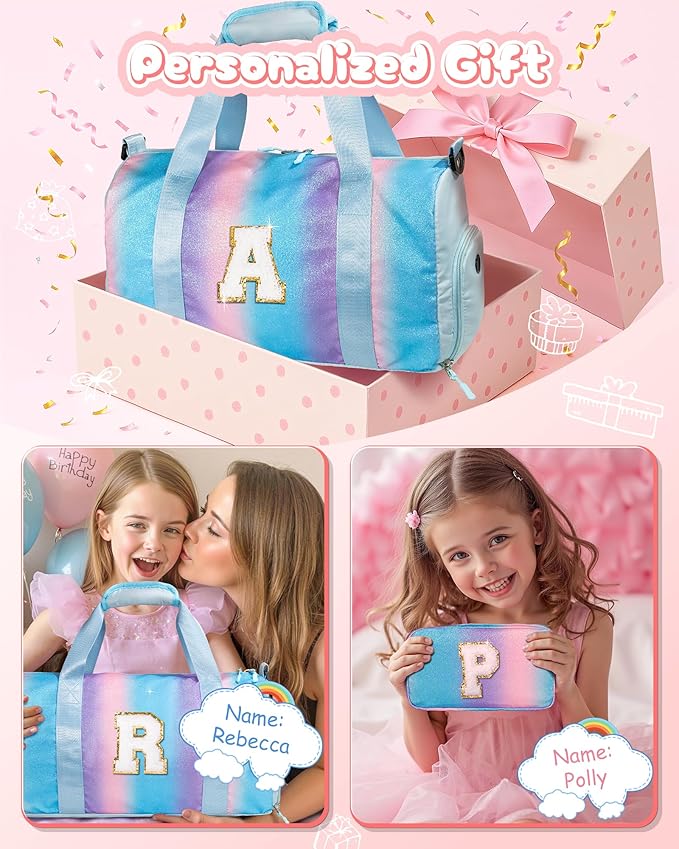 Gift Ideas for Kids Girls-Girl Gym Bag with Shoe Compartment, Kid Personalized Weekender Overnight Bags, Initial Travel Tote with Makeup Pouch, Graduation Gifts Granddaughter (Letter N)