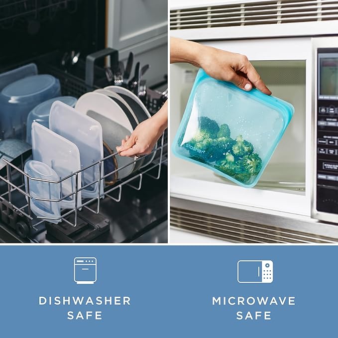 Stasher Premium Silicone Reusable Food Storage Pocket Bags, 2-Pack, Clear + Aqua, Multi-Use Food Storage Bags, Lunch Bag, Travel Containers, BPA Free, Leak-free, Dishwasher-Safe, Eco-friendly, 4 Oz