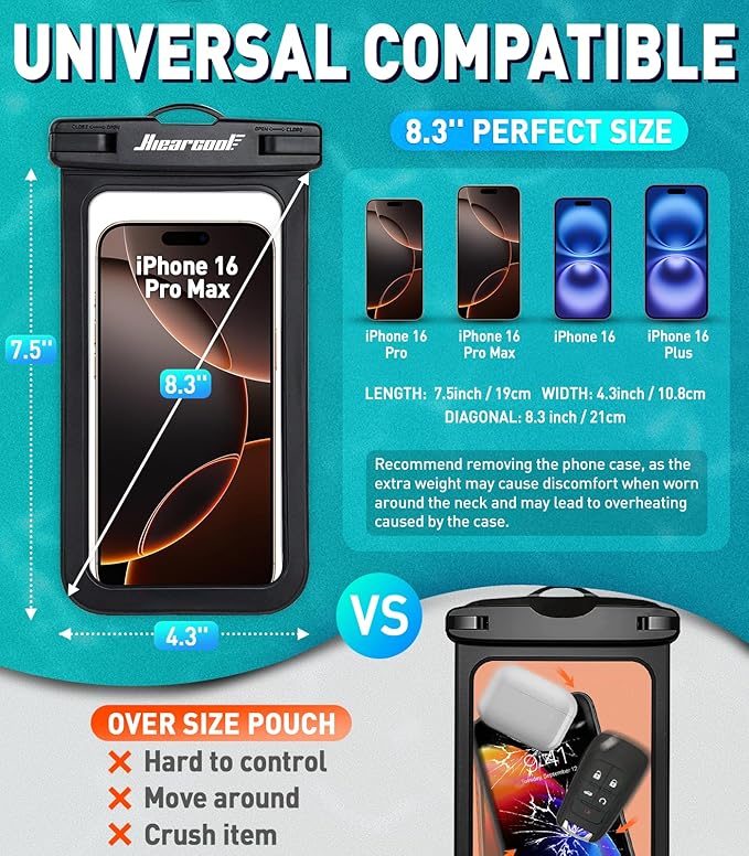 Hiearcool Waterproof Phone Pouch, Waterproof Phone Case, Waterproof Cellphone Pouch Under Water Beach Accessories for iPhone -Black&Orange -2Pack
