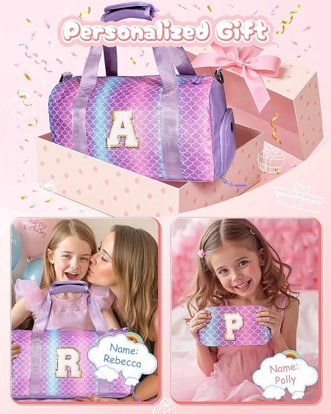 Birthday Gifts for 4 5 6 7 8 9 10 11 12 13 Year Old Girls-Girl Gym Bag with Shoe Compartment, Kid Weekender Dance Bags,Travel Tote with Makeup Pouch, Preppy Things for Kids (Letter E)