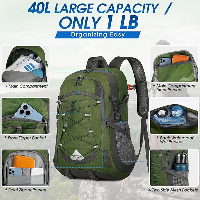 IGOLUMON Hiking Backpack 40L Packable Lightweight Camping Backpack Men Women Waterproof Hiking Daypack Outdoor Travel Daypack