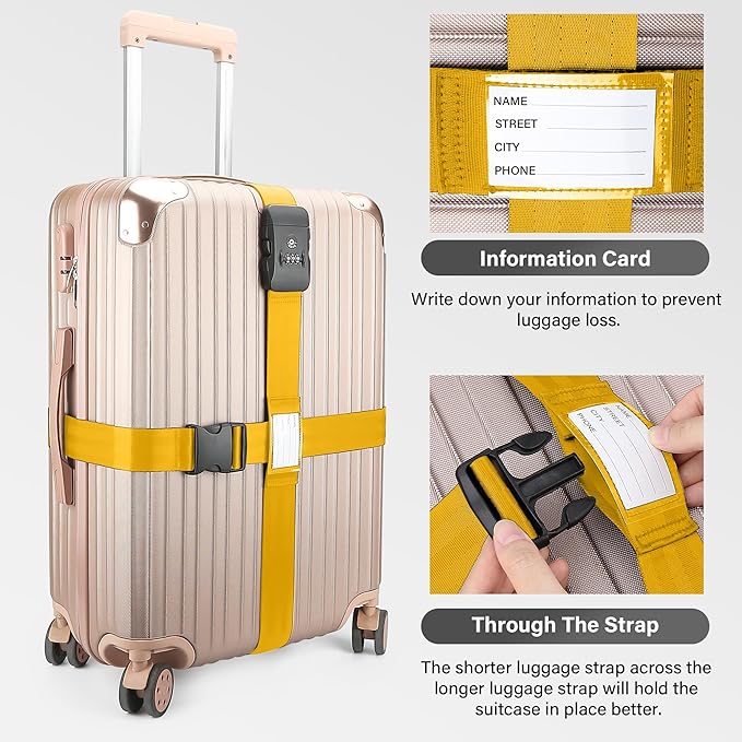 Luggage Straps, Yellow TSA Approved Luggage Strap Belt with Combination Lock for Suitcases, 2 Pack Adjustable Heavy Duty Cross Suitcase Straps with Name Tags for Travel, Carry On Bags, Protect Luggage