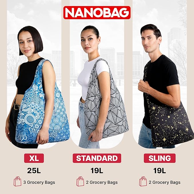 Nanobag Ultra-Lightweight Heavy Duty Foldable Tote for Women & Men, Reusable Grocery & Travel Bag, Packable Collapsible Compact Market Essential (XL Neon Flowers)