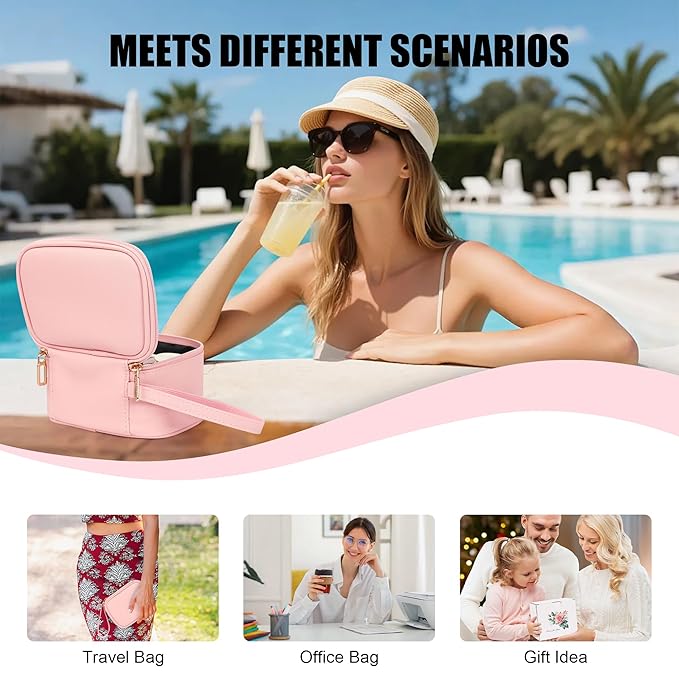 Relavel Mini Makeup Bag with Led Mirror, Small Cosmetic Bag with 3 Light Modes, Rechargeable Portable Makeup Pouch with Hands-Free Wrist Strap for Pool Parties丨Work Touch-Ups丨Travel - Pink