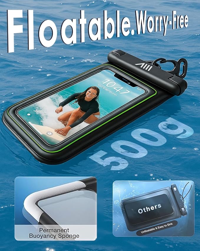 【2025 Upgraded】 1 Pack Black - IP68 Waterproof Phone Pouch Floating Design No Sink Waterproof Phone Case - Beach Pool Travel Essentials - Works w/All Phones - Detachable Lanyard - Black/Hi-Vis Green