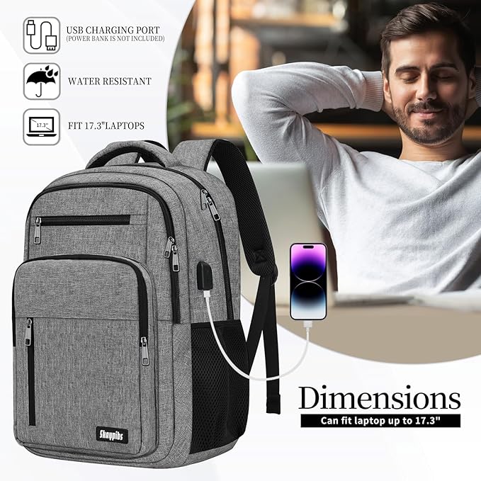 Backpack for Women Men, School Backpack for Boys Girls Teens, 17.3 Inch Laptop Backpack with USB Port, College Middle High School Bookbag, Water Resistent Business Mochila para hombre, Grey