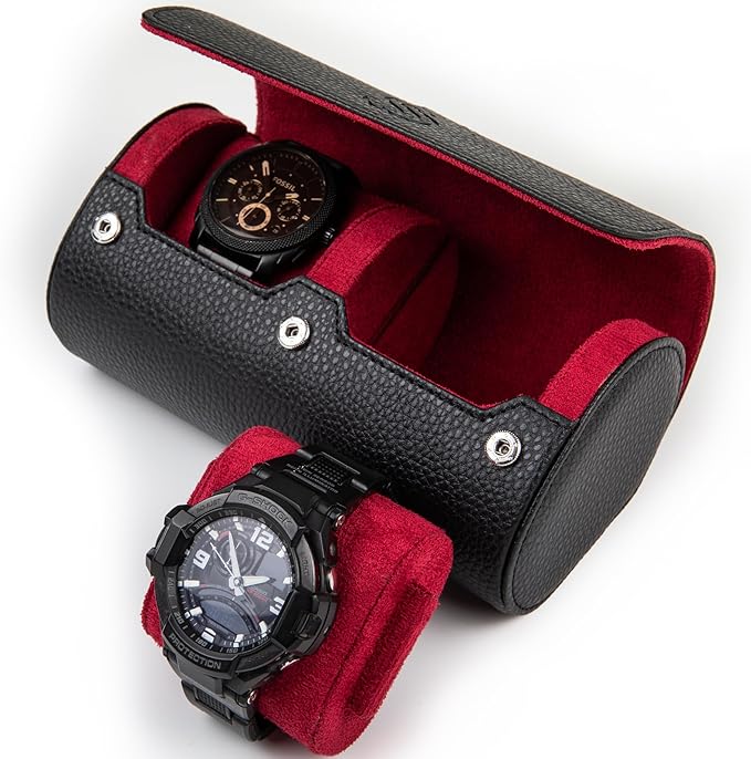 2 Watch Travel Case for Men – Bold Faux Leather Organizer for Smart & Luxury Timepieces - Portable Travel Watch Holder - Ideal Gift for Men with Premium Gift box (Black & Wine)