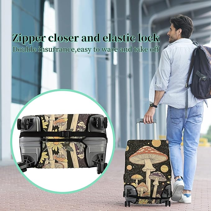 Luggage Cover + Tag, Mushrooms Travel Suitcase Protector for 22-24 inch Luggage (M) with Concealed Zipper, Washable Elastic Cloth, Dustproof, Anti-Scratch
