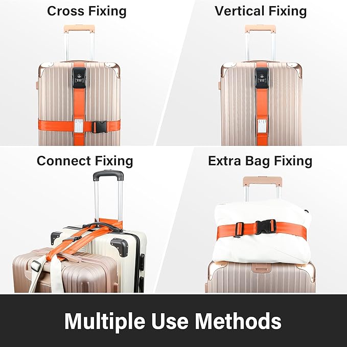Luggage Straps, Orange TSA Approved Luggage Strap Belt with Combination Lock for Suitcases, 2 Pack Adjustable Heavy Duty Cross Suitcase Straps with Name Tags for Travel, Carry On Bags, Protect Luggage