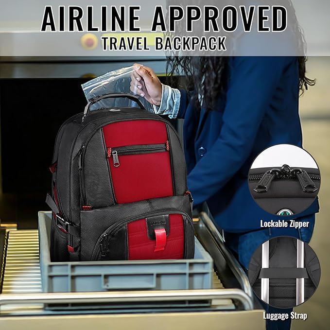 YOREPEK Travel Backpack, Extra Large 50L Laptop Backpacks for Men Women, Water Resistant College Backpack Airline Approved Business Work Bag with USB Charging Port Fits 17 Inch Computer, Bright Red