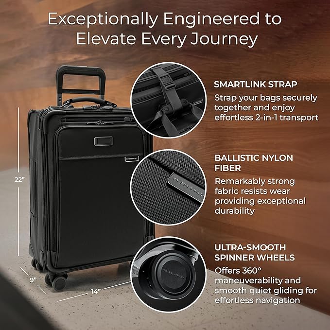 Briggs & Riley Essential 22" Carry On Expandable Spinner - Luggage for Travel, Suitcases with Wheels, Softside Rolling Bag for Men & Women, Self-Repairing Zipper - Baseline Collection, Black