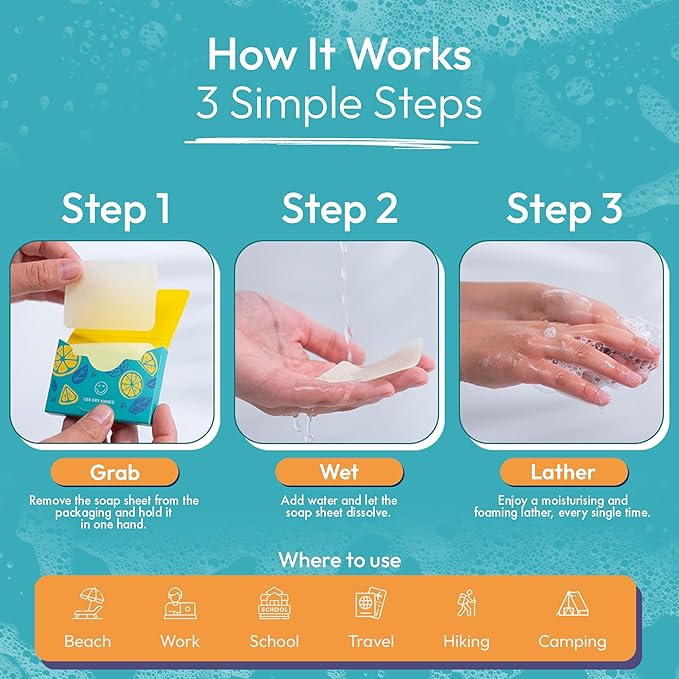 FOMIN - Antibacterial Paper Soap Sheets for Hand Washing - (300 Sheets) Jasmine Portable Travel Soap Sheets, Dissolvable Camping Mini Soap, Portable Hand Soap sheet