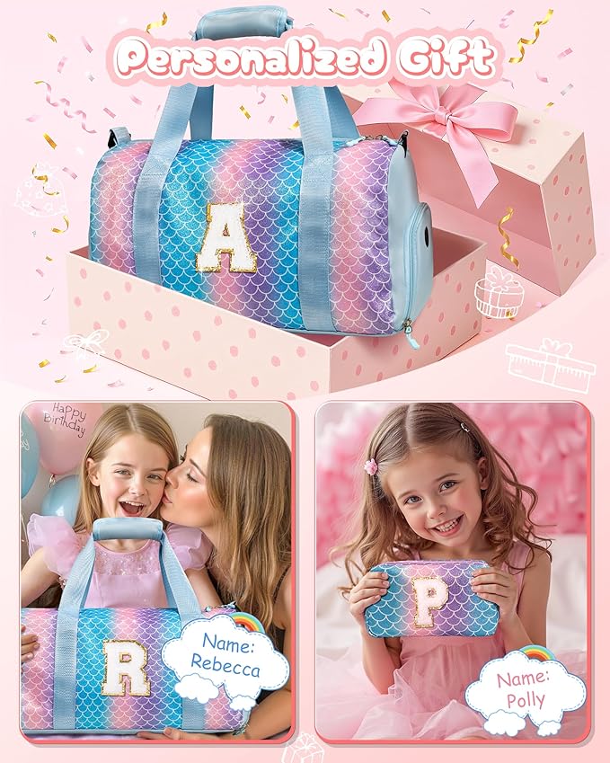 Pretee Girl Gifts-Girl Gym Bag with Shoe Compartment, Kid Personalized Weekender Overnight Bags, Initial Travel Tote with Makeup Pouch, Gift Ideas for Niece Sister (Letter O)