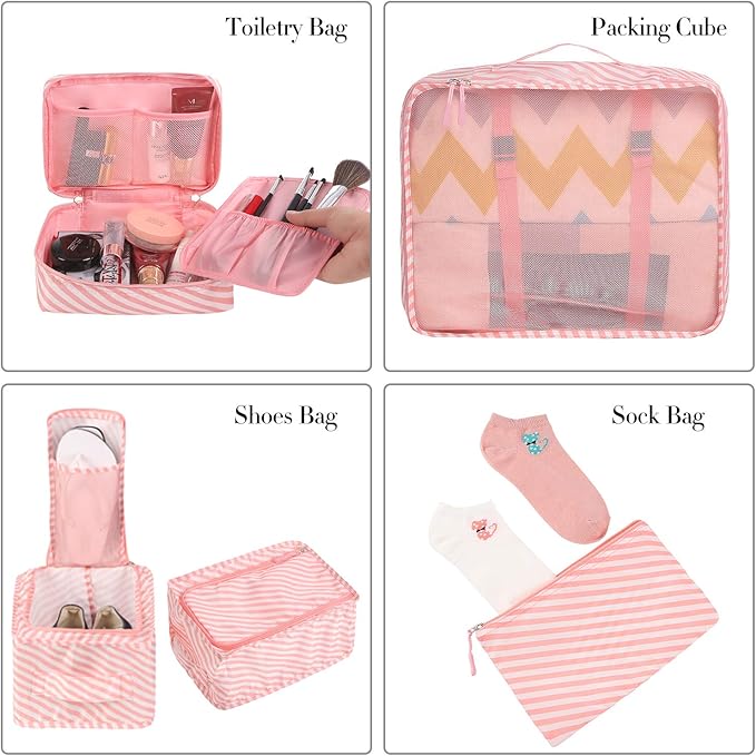 BAGAIL 8 Set Packing Cubes Luggage Packing Organizers for Travel Accessories-White and Pink Stripe