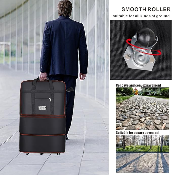 Expandable Large Capacity Travel Bag Oxford Cloth Duffel Bag with Wheels Lightweight Waterproof Travel Foldable Suitcase(Black)