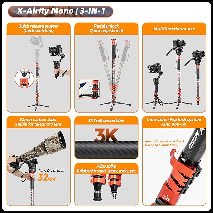 Fotopro Carbon Fiber 3-in-1 Monopod, 73" Travel Monopod with Feet, Max Load 22lbs for DSLR Camera Stabilizer, X-Airfly Mono Grey