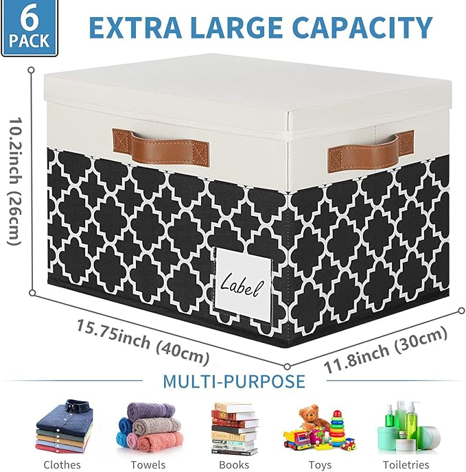 GhvyenntteS Extra Large Storage Bins with Lids, Foldable Fabric Storage Boxes with Lids and 3 Leather Handles, Sturdy Storage Baskets with Label Window (6 Pack, White&Lattice Black)