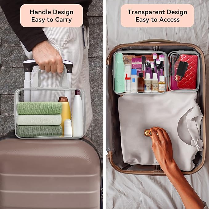 TISRATOK 10 PCS Clear Travel Makeup Toiletry Bag, Plastic PVC Cosmetic TSA Approved Organizer Kit with Zipper Handbag（Grey）
