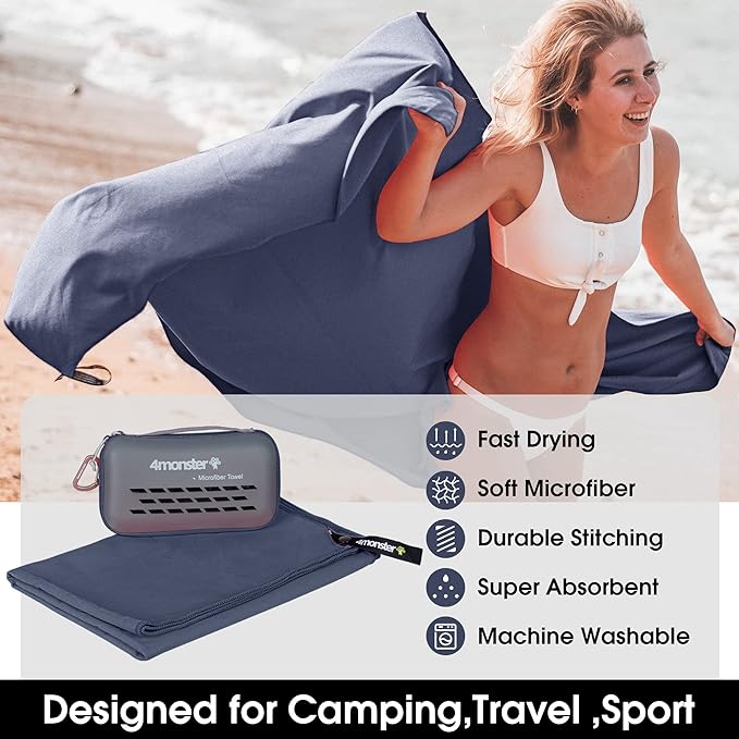 4Monster Camping Towels Super Absorbent, Fast Drying Microfiber Travel Towel, Quick Dry Ultra Soft Compact Gym Towel for Swimming Beach Hiking Yoga Travel Sports Backpack (20.00" x 12.00", Navy Blue)