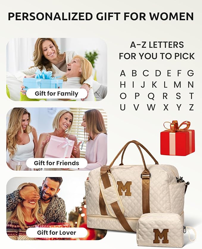 Personalized Gifts-Initial Duffle Bag with Shoe Compartment, Personalized Weekender Bag, Monogram Overnight Bag, Letter Travel Bag with Makeup Bag，Birthday Gift for Women Girl (Letter L)