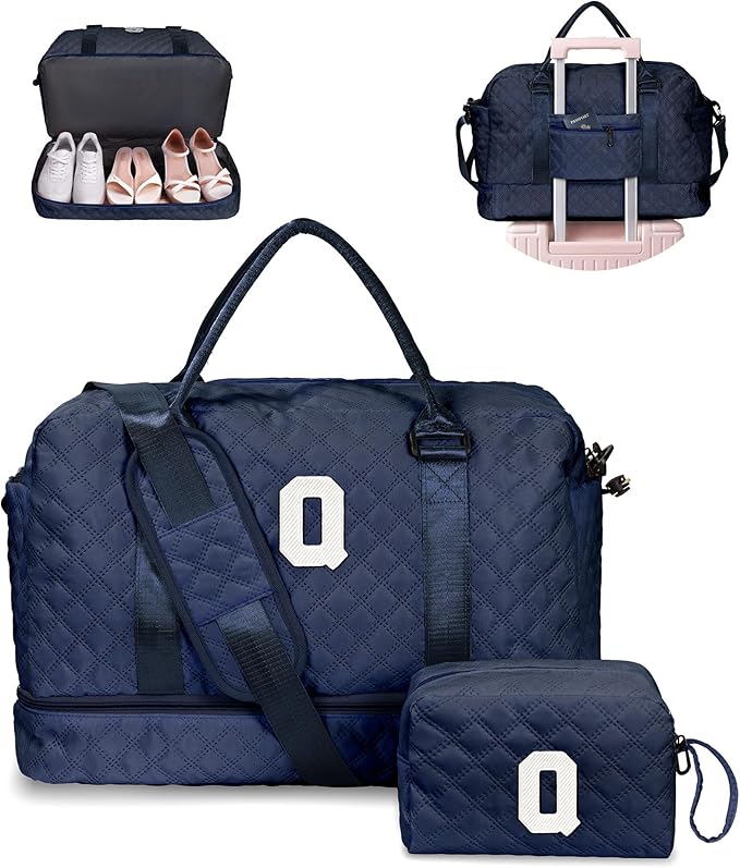 Bags for Women College Gifts-Initial Duffle Bag with Shoe Compartment, Weekender Bag, Monogram Overnight Bag, Letter Travel Bag with Makeup Bag, Bachelorette Gifts for Bride (Letter Q)