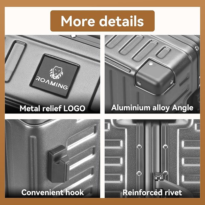 ROAMING Zipperless Luggage 24 Inch with Aluminum Frame, 3-Layer PC Trunk-Medium Lightweight Hard Shell Suitcase with Spinner Wheels, Metal Travel Luggage with Double TSA Locks, gray