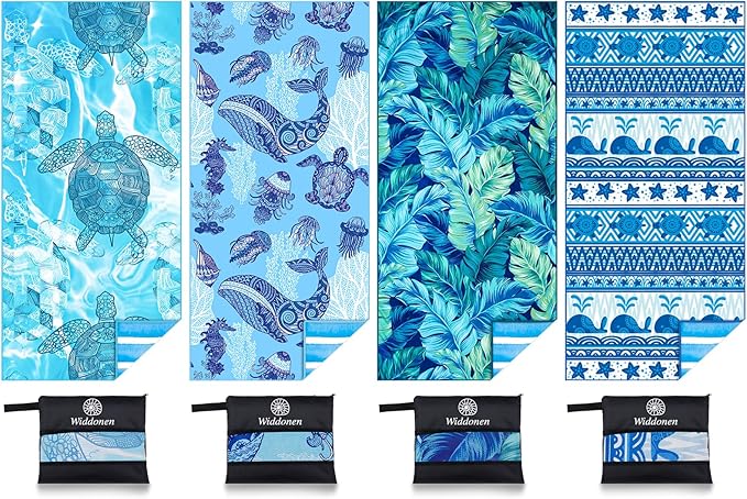 4 Pack Microfiber Lightweight Beach Towel Sand Free Quick Dry Absorbent Thin Compact Towels for Swimming Pool Camping Beach Accessories Large Easy Pack Travel Things for Vacation Essentials Gift