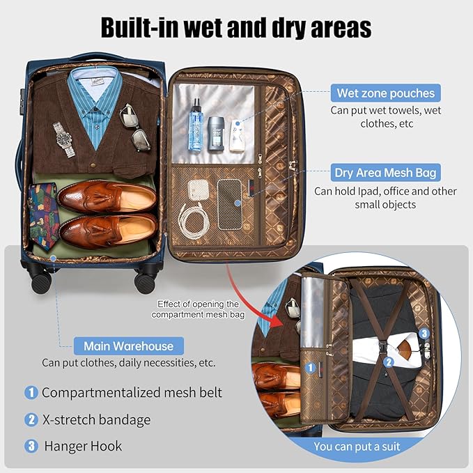 Softside Expandable Luggage with 4 Spinner Wheels, Durable Checked-Luggage Suicase (Blue, 25-Inch)