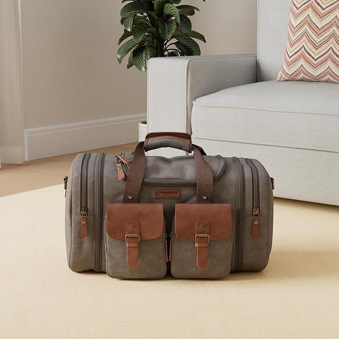 Wildroad 60L Travel Duffel Bag, Expandable Canvas Genuine Leather Duffle Bag Upgraded Overnight Weekender Bag Carry on Bag