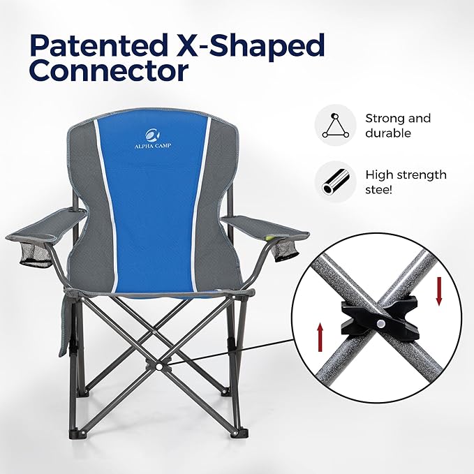 ALPHA CAMP Oversized Camping Folding Chair - Heavy Duty Steel Frame Support 350 LBS, Collapsible Padded Arm With Cup Holder, Quad Lumbar Back, Portable for Outdoor/Indoor