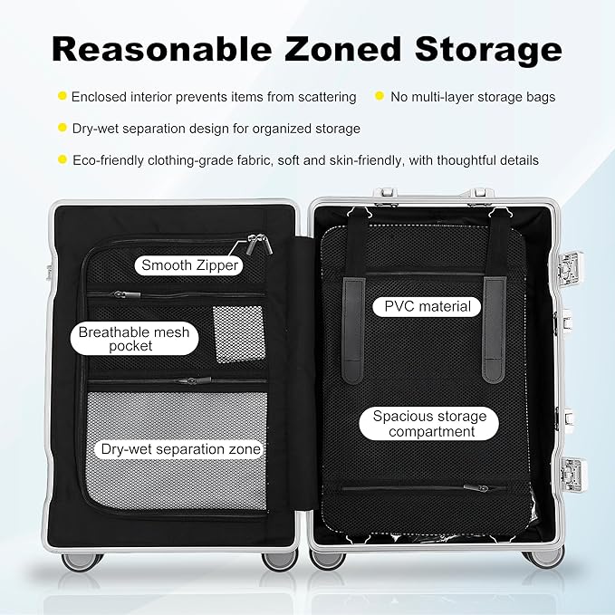 YYW Aluminum Carry-On Luggage Airline Approved Lightweight Suitcase with TSA Lock and Silent Wheels Hardshell Spinner Business Travel (Silver, 20in)