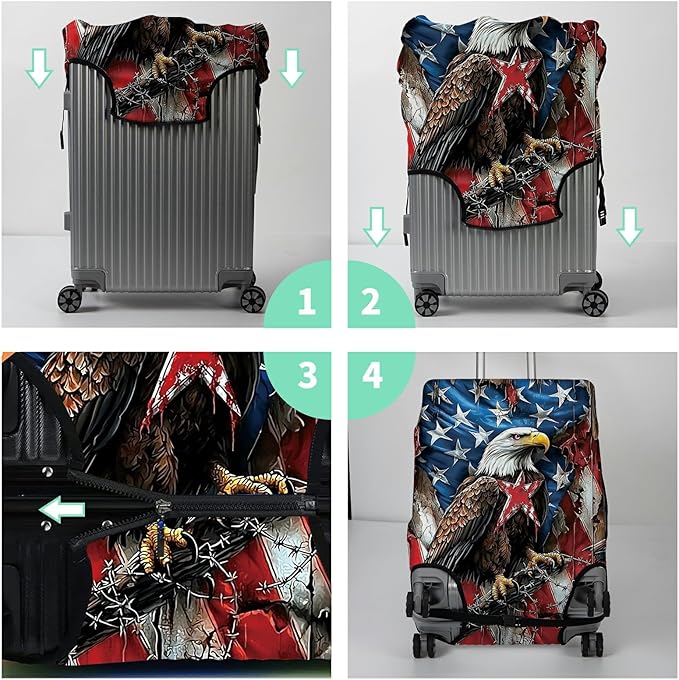 Luggage Cover + Tag, Eagle American Flag Travel Suitcase Protector for 18-20 inch Luggage (S) with Concealed Zipper, Washable Elastic Cloth, Dustproof, Anti-Scratch