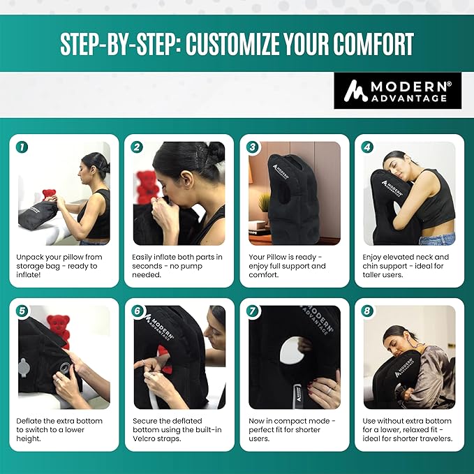 Modern Advantage Inflatable Travel Pillow for Airplanes with Adjustable Extra Bottom, Support Head & Chin to Avoid Neck & Shoulder Pain, for Travelling, Office Napping with Eye Mask & Earplug