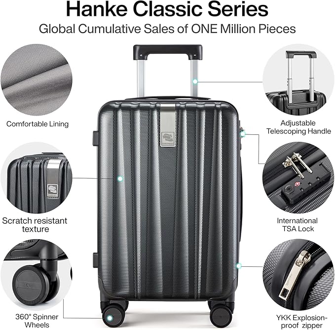 Hanke Luggage Sets 2 piece Carry On Luggage with Wheels PC Hard Shell Suitcases Lightweight Checked Travel Luggage Large Travel Suitcase Woman Men 20/29 Inch(Jet Black)