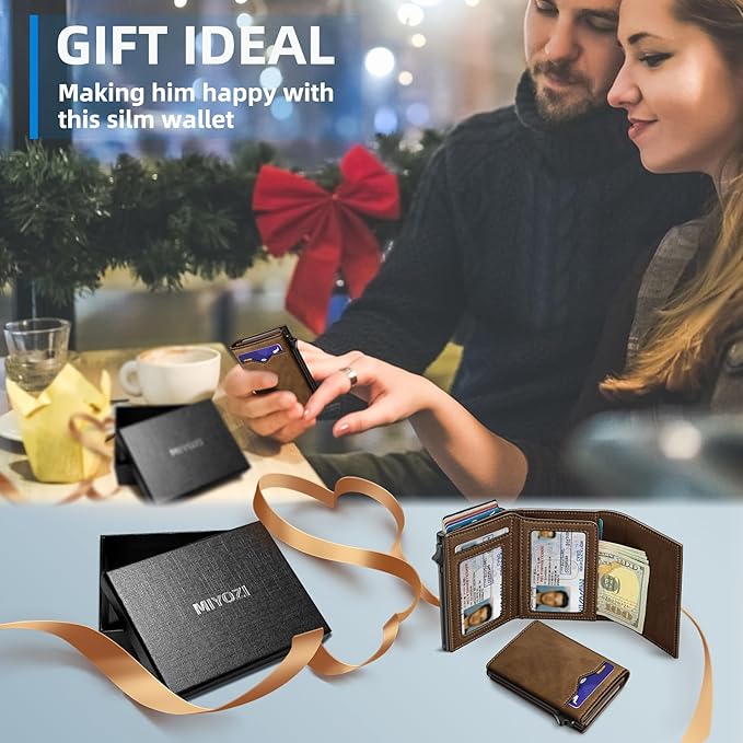 Wallet for Men,with Cash Pocket 2 ID Window 9-13 Cards,Metal Case Smart Slim Pop Up Credit Card Holder Flip with Magnetic Closure RFID Blocking Trifold wallet with Gift Box