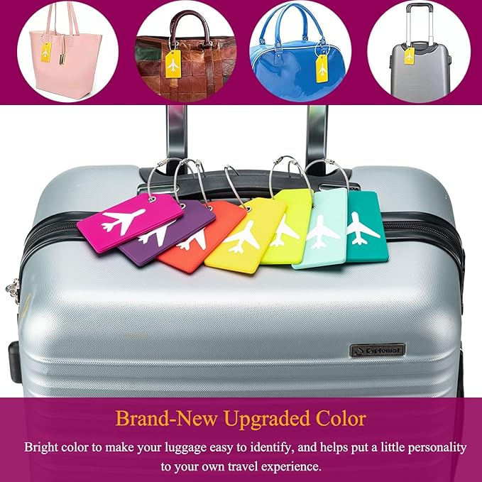 6 Pack Silicone Luggage Tag for Suitcases with Stainless Loop, Privacy Protection Travel Bag Tags Perfect to Quickly Spot Baggage Handbag (Dark Purple)