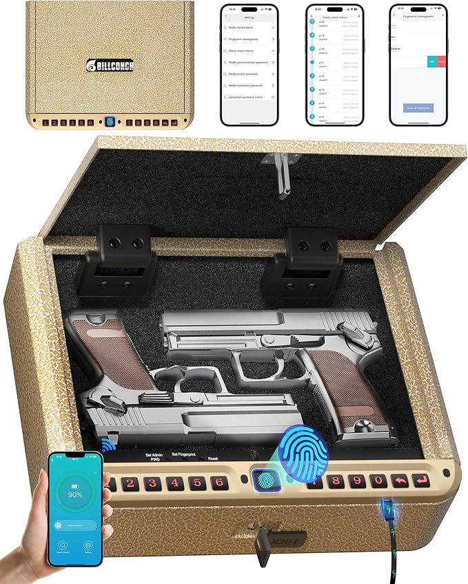 BILLCONCH Gun Safe for Handgun - Biometric Pistol Safe 4 Ways Quick Access with Fingerprint/Full-digital Keypad/Key/APP Lock and Security Cable for Nightstand Bedside Home - Limited Gold