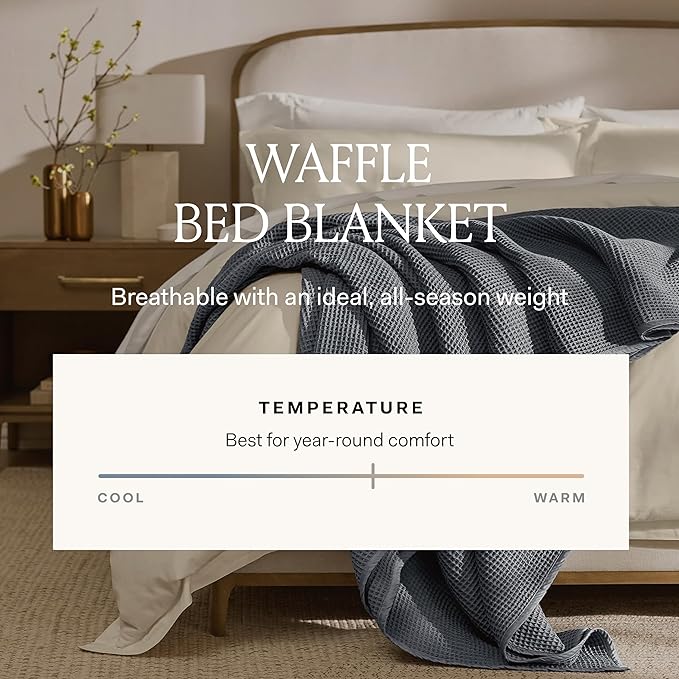 BOLL & BRANCH Waffle Bed Blanket - Full/Queen, Mineral - Luxury 100% Organic Cotton - Soft, Lightweight and Breathable - Textured Waffle Weave Design