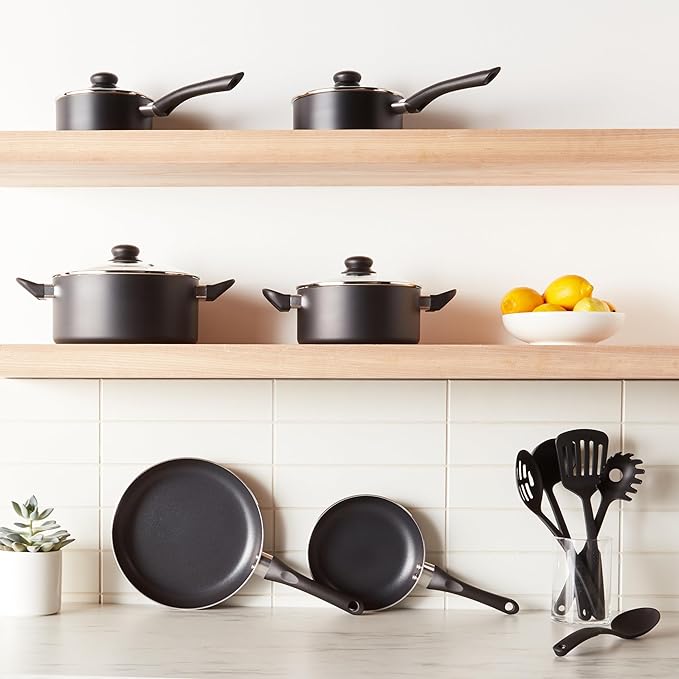 Amazon Basics Non Stick Kitchen Cookware 15-Piece Set, Non-Induction, Includes Pots, Pans, and Utensils, Black