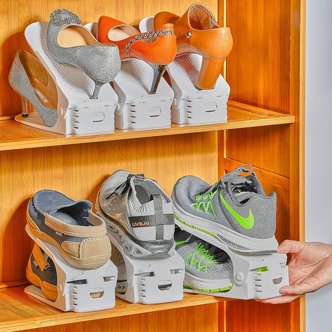 Shoe Slots Organizer, 20PCS Adjustable Double Layer Stack Shoe Rack, 50% Space-Saving Storage Rack Holder, White