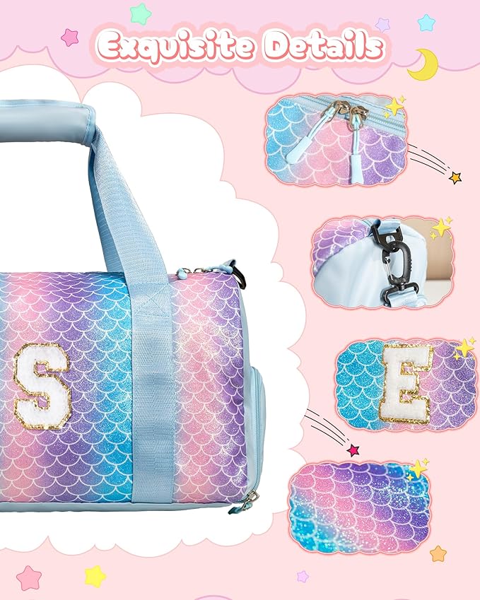Sister Graduation Gift-Girl Gym Bag with Shoe Compartment, Kid Personalized Weekender Overnight Bags, Initial Travel Tote with Makeup Pouch Valentine's Day Gifts for Kids (Letter I)