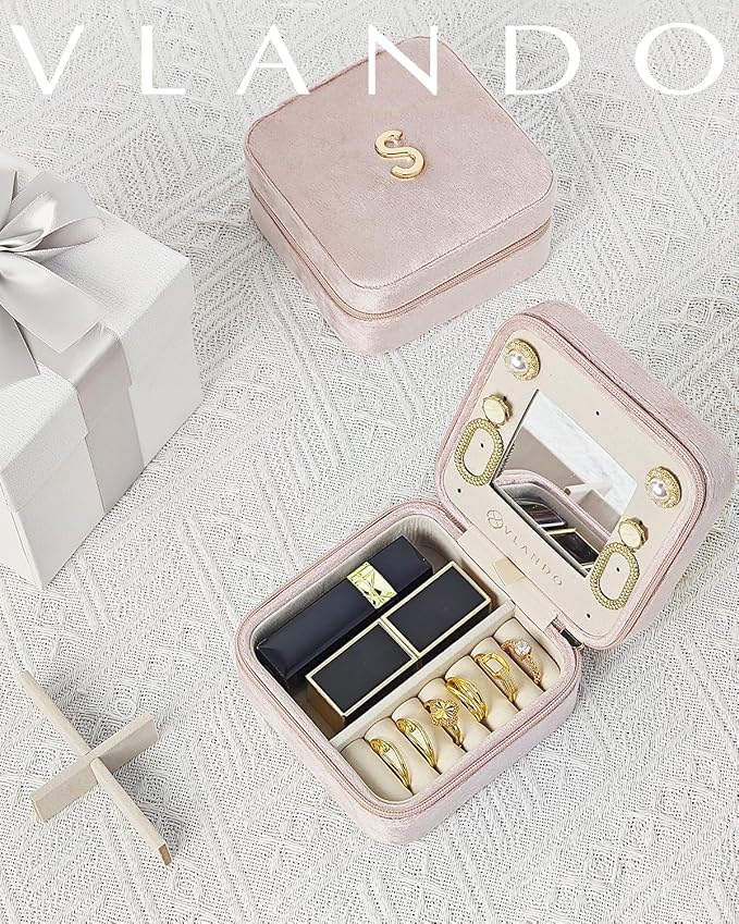 Vlando Wedding Gifts, Travel Jewelry Organizer, Necklace Organizer Earrings Ring Organizer, Travel Christmas Gifts for Women Travel Essentials - Letter S, Pink