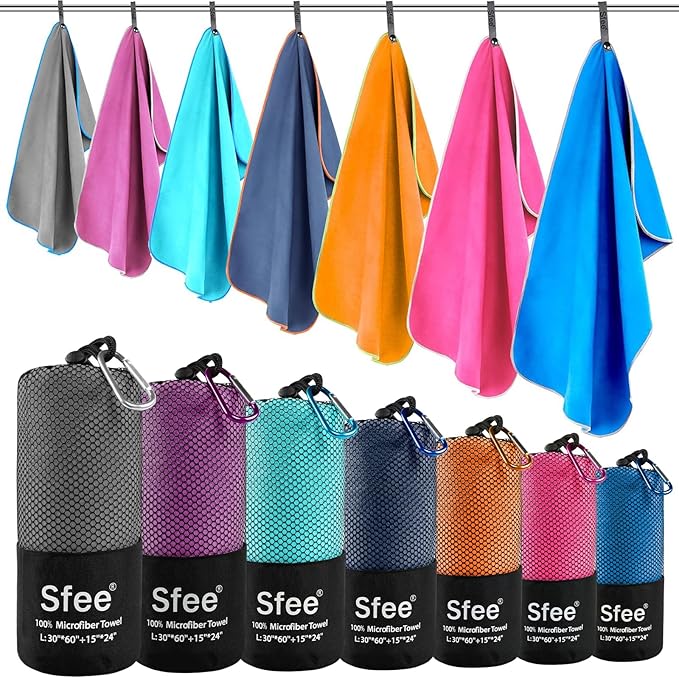 Sfee 2 Pack Microfiber Travel Towel, Quick Dry Towel Camping Towel Super Absorbent Compact Lightweight Sports Swim Gym Towel Beach Towels Set for Gym, Hiking, Pool, Backpacking, Bath, Yoga