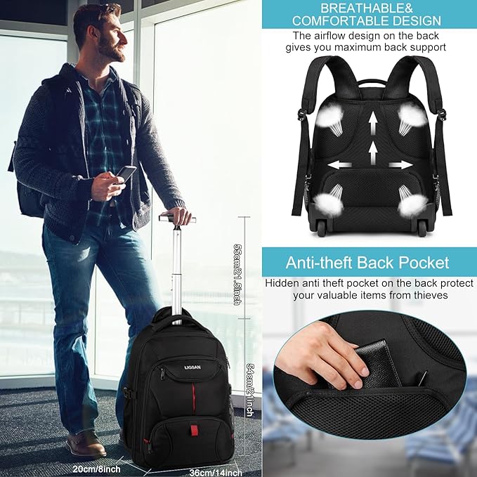 Rolling Backpack,18 inch Laptop Backpack with Wheels for Adults,Large Water Resistant Wheeled Backpack for Travel Carry on Trolley Luggage Suitcase College Business Computer Bag for Men Women, Black