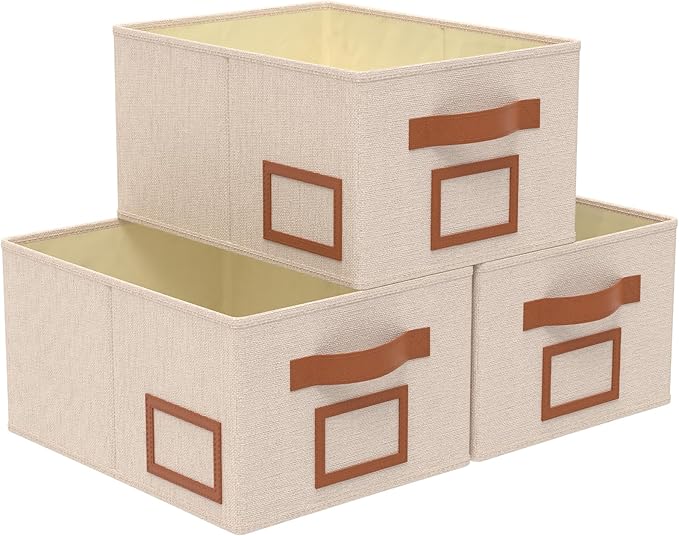OUTBROS Foldable Storage Box for Shelves, 15 x 10.2 x 7.9 inch Fabric Baskets, Wardrobe Organiser with Handles, Suitable for Storing Clothes, Books, Cosmetics (Beige, 3-Pack)