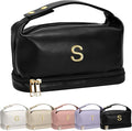 Initial Cosmetic Bags Personalized Bags with Handle, Waterproof Double Layer Makeup Bag, Large Capacity PU Leather Makeup Bags Letter Travel Toiletry Bag with Makeup Brush Organizer