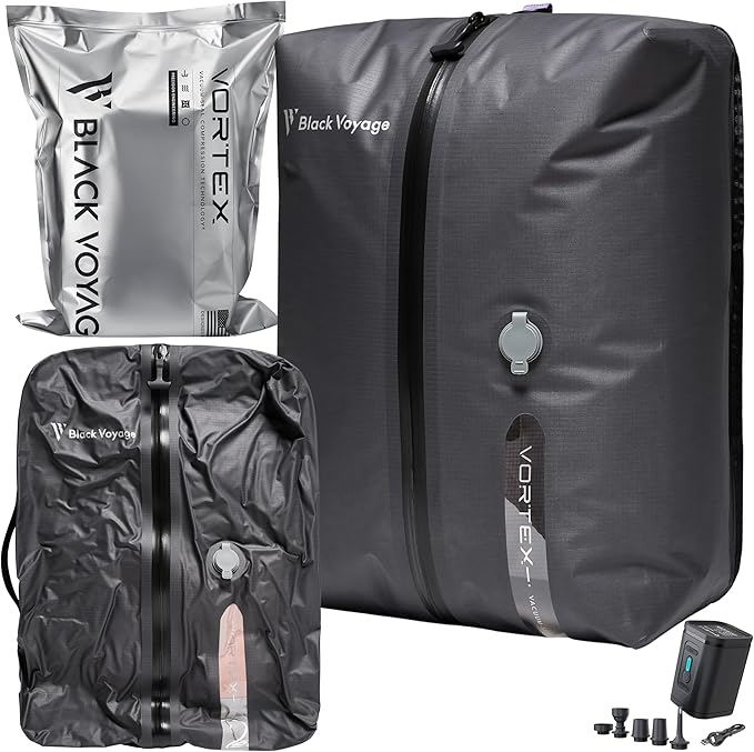 Black Voyage Reusable Vacuum Compression Travel Bag for Carry-On Suitcase and Backpack, Recycled IP67 Waterproof Space Saver Vacpack (1-Pack, 18L - Pump Included)