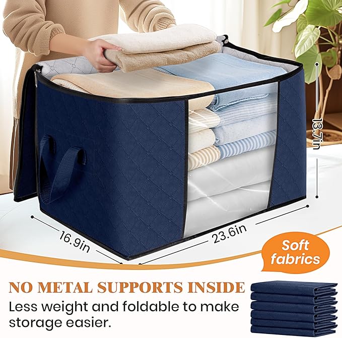 Fab totes 24 Gallons Clothes Storage, Foldable Thick Fabric Blanket Storage Bags, Containers for Organizing Bedroom, Closet, Clothing, Comforter, Organization with Handle (6 Pack,Blue)